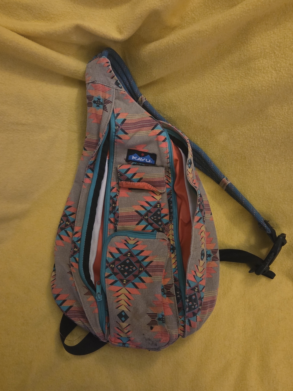 Kavu Aztec-Print Crossbody Sling Bag in Tan, Teal, Orange, Navy